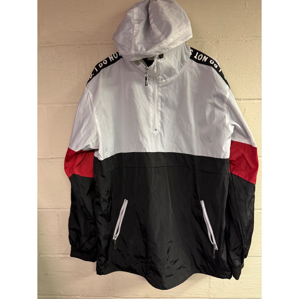ONTTNO Mens XL Colorblock Quarter Zip Windbreaker Jacket White Black Red Hooded